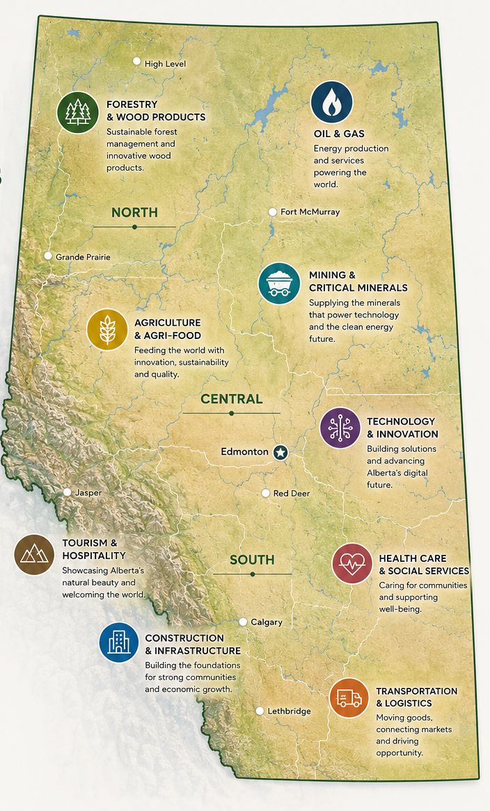 Map of Alberta showing leading industries by region: forestry, oil and gas, agriculture, mining, technology, tourism, health care, construction, and transportation